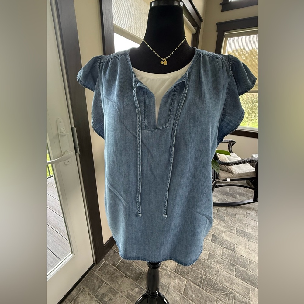 Time and Tru Blue Denim Blouse with Tie Neck